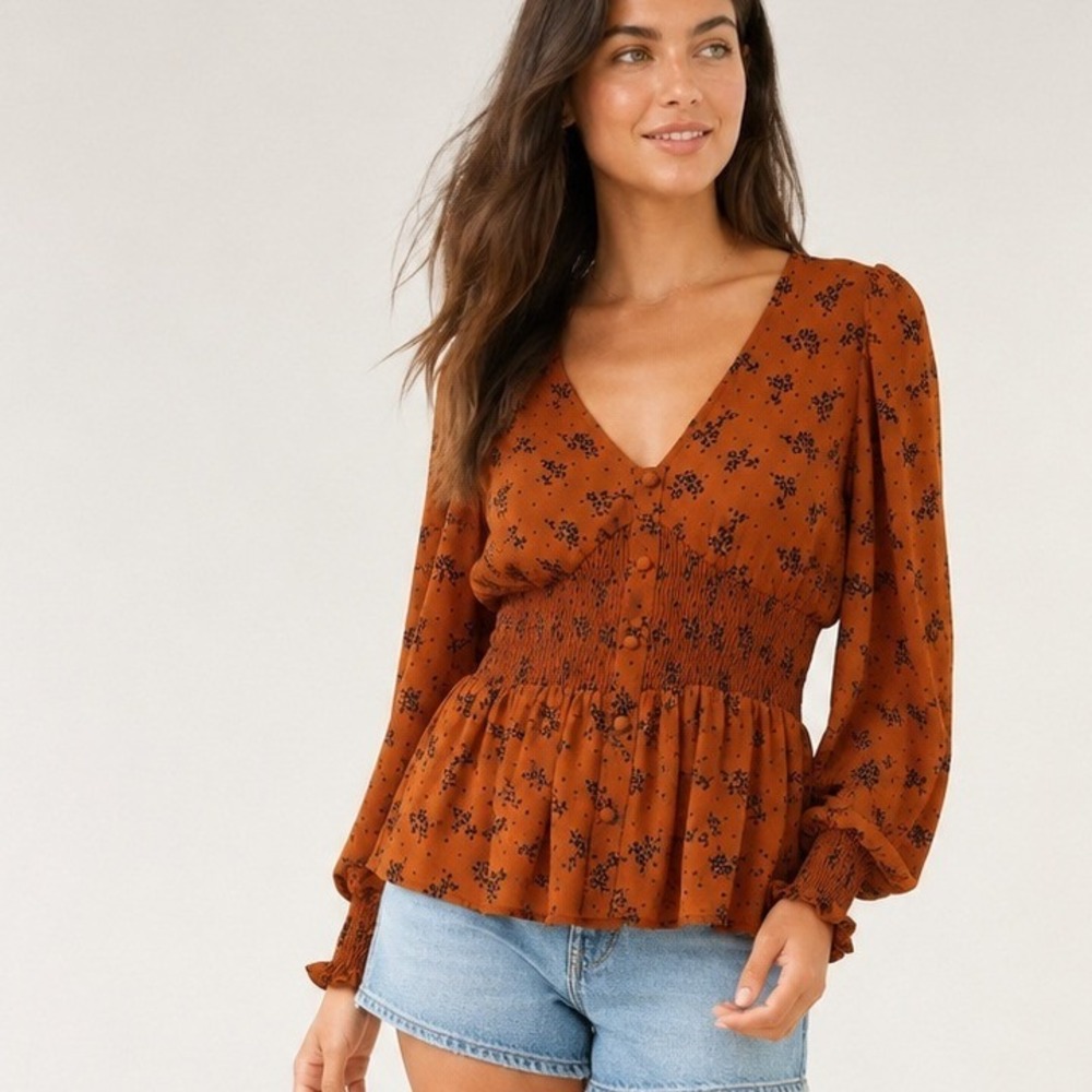 MINE Rust Floral Smocked Peplum Blouse V-Neck Puff Sleeve Large